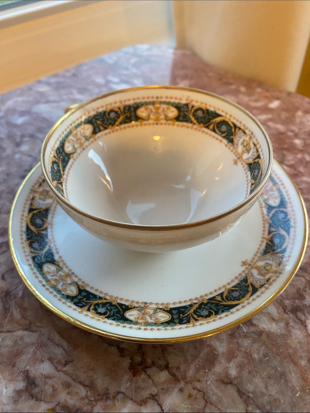 Vintage C. Ahrenfeldt Limoges France Porcelain TeaCup Saucer Green/Blk Gold Gilt